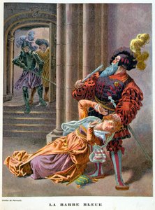 Barba Azul (sorprendido tomando a una mujer por el cabello). Ilustración del siglo XIX. de Unknown artist
