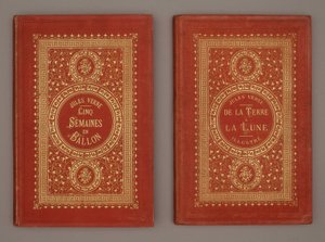Portada del libro “Cinco semanas en globo” y “De la Tierra a la Luna” por Jules Verne de Unknown artist