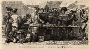 Fabricantes de libros y brocanteurs en el viento, cerca de la Plaza Montanara, bajo una carpa instalada, aficionados y clérigos compiten por una baratija de antigüedades, algunos leen allí, otros regatean con gestos. Grabado para ilustrar el viaje a Roma,  de Unknown artist