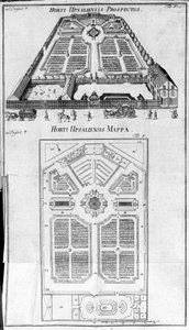 Jardín Botánico - HORTI UPSALIENSIS perspectiva y plano de Unknown artist