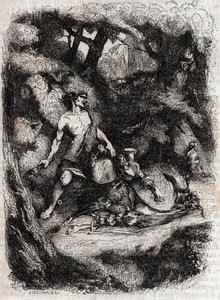 Bradamante derribada por un gigante - grabado de 1851 de “Furious Roland” (Orlando furioso) (siglo XVI) por Ludovico Ariosto, conocido como el Ariosta - Edición traducida del italiano por el Conde de Tressan y publicada por Gustave Harvard 1851 de Unknown artist