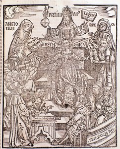 Ramas del conocimiento representadas por Aristóteles (arriba a la izquierda) representa la Filosofía Natural, con Séneca representando la Filosofía Moral a la derecha, el Emperador Justiniano (arriba en el centro). La mujer en el centro tiene una espada y  de Unknown artist