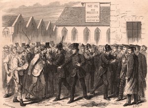 Pelea entre estudiantes de la Universidad de Oxford y trabajadores en una calle de Oxford, Inglaterra de Unknown