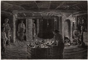 Desayuno en la mina, distribución y consumo de comidas en cestas a los mineros en las galerías de minería de carbón de Creusot. Grabado para ilustrar un viaje a Creusot y las minas de Saona y Loira, en 1865, por L. Simonin, en “Le tour du monde, nouveau jo