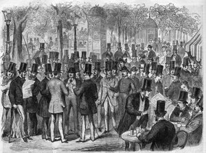 Corredores cerca de la pequeña Bolsa del Boulevard des Italiens en París, Francia. Grabado en “El Universo Ilustrado”. de Unknown artist
