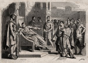 Bruto condenando a su hijo a muerte - Bruto (Marcus Junius Brutus, 85-42 a.C.) condenando a sus hijos a muerte - grabado en “Dictionnaire populaire illustrious” - 1864 - por Joseph Decembre y Edmond Allonier de Unknown artist