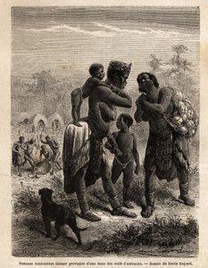 Bosquimanos almacenando agua en huevos de avestruz, acompañados por sus hijos; al fondo, se ve el pueblo y hombres sacrificando un antílope. Grabado para ilustrar los primeros viajes del Dr. Livingstone al sur de África de 1840 a 1856, en “Le tour du monde de Unknown artist