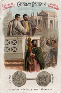 Cayo Licinio Calvo Estolón contribuye a la ascensión de los plebeyos al poder político al obtener acceso al consulado. En Historia General de las Monedas. Cromolitografía de chocolate del final del siglo XIX. Colección privada. de Unknown artist