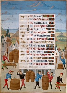 Calendario: Agosto - Fabricación de barriles de vino. Miniatura del Maestro Jean de Rolin (siglo XV) de 