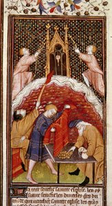 Página de calendario: Marzo. Una casa de empeños. Miniatura del manuscrito de las “Horas a l