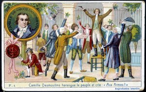 Camille Desmoulins arengando al pueblo y gritando “¡A las armas!” - cromo., finales del siglo XIX de Unknown artist