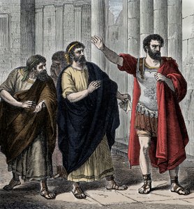 Camilo en el exilio - Antigüedad romana: el general y estadista Camilo (Marco Furio Camilo, 446-365 a.C.) es exiliado por el asunto del botín de Veyes, dejándolo íntegramente a sus tropas, impidiéndole así pagar la parte debida a Apolo, 391 a.C.