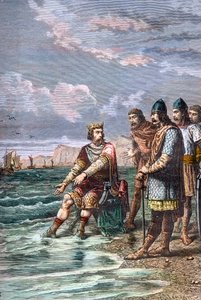 Canuto el Grande, convence a sus corredores de que no tiene poder para detener la marea - Rey Canuto II el Grande (Knud I el Grande) (aprox. 995-1035), Rey de Inglaterra desde 1016, de Dinamarca desde 1018 y de Noruega desde 1030 - Muestra a sus cortesanos