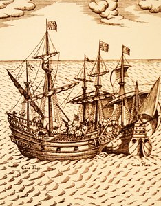 Captura del galeón español Cagafuego por el Golden Hind liderado por Francis Drake en marzo de 1579 (grabado) de Unknown artist