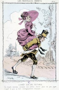 Impuesto sobre automóviles: "una nueva forma para que las damitas no paguen impuestos y sean notadas ventajosamente" - caricatura sobre "nuevos impuestos" de Unknown artist