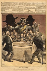Ilustración caricaturesca “la galette”, sobre la fiesta de los reyes, donde el banquero corta el pastel, todos se precipitan para tener una parte y encuentran en lugar de un haba al gendarme. Grabado en “Le petit journal” 7/01/1893. Colección Selva. de Unknown artist