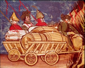 Transporte de barriles y alimentos en carros. Miniatura del códice 