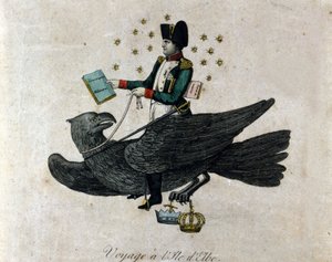 Caricatura sobre Napoleón sobre su exilio en la Isla de Elba. Napoleón en un águila sostiene en su mano derecha un libro titulado Conscripción Militar. Grabado de la época