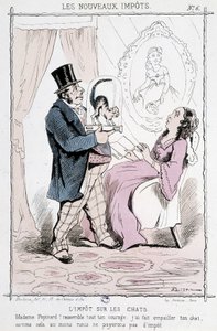 Impuesto sobre gatos: “¡Madame Papinard! Reúna todo su valor. Hice disecar a su gato, así que al menos no pagaremos impuestos” - caricatura de Unknown artist