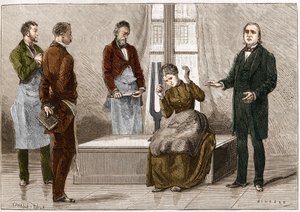 Catalepsia producida bajo la influencia del sonido (Diapasón). El neurólogo francés Jean Martin Charcot (1825-1893) (derecha) demostrando hipnosis en un paciente en el hospital Salpetriere. Ilustración tomada de “Nature” 1879