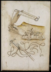 Sistema de catapulta y gancho - Manuscrito: hoja de pergamino de un manual de ingeniero para la construcción de edificios civiles, religiosos y militares, anónimo, finales del siglo XV (figura en tinta china) de Unknown artist