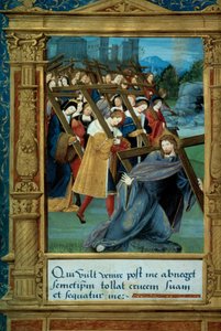 Catecismo: Cristo llevando su cruz. Página de manuscrito “Instrucción iniciatoria en la religión cristiana para niños” atribuida a Johannes Brenz (1498-1570) dedicada a Margarita de Angulema. 1527 París, Biblioteca del Arsenal de Unknown artist