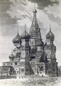 Catedral de la Protección de la Santísima Theotokos en el Foso o Catedral de San Basilio en la Plaza Roja de Moscú, Rusia, grabado de Free Russia de Unknown artist