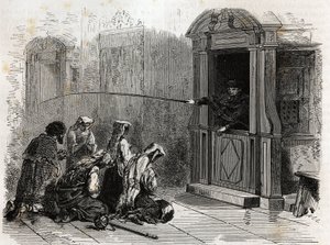 Practicantes católicos en oración, recibiendo penitencia ordinaria, azotes administrados por un sacerdote desde el confesionario. Grabado para ilustrar la historia de la Semana Santa en Roma, en 1863, por Ludovic Celler, en “Le tour du monde, nouveau journ de Unknown artist