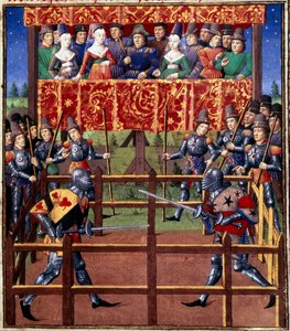 Ceremonias y ordenanzas como prenda de batalla: duelo en campo cerrado entre dos caballeros. Miniatura de un manuscrito de Jean de Rolin (siglo XV) 1460 París, B.N.