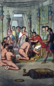 Ceremonia en la capital inca de Cuzco: Manco Capac (Ayar Manco) confiere distinción a los Príncipes de la Sangre perforando sus orejas - grabado de 