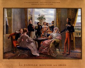 Champán servido en la mesa real en 1840 - Cartel publicitario para el champán Delbeck “Proveedor de la antigua corte de Francia”, finales del siglo XIX de Unknown artist