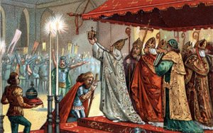 Carlomagno (742-814) coronado por el Papa León III (c750-816) en la basílica de San Pedro en Roma el 25 de diciembre de 800.