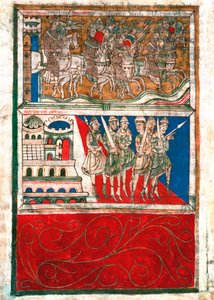 Carlomagno y sus caballeros salen de Aquisgrán y van a Santiago de Compostela. Miniatura del “Codex Calixtinus” (Libro de Santiago), alrededor de 1140. fol. 162 v. Archivos de la Catedral de Santiago de Compostela (Santiago de Compostela), España de Unknown artist