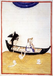 Caronte (Caron) hace que Dante y Virgilio crucen el río Aqueronte del Inframundo - en "La Divina Comedia" de Dante Alighieri, miniatura de un manuscrito del siglo XIV, Bibl. Municipal de Rimini. de Unknown artist
