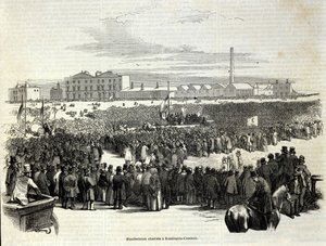 Demostración cartista en Kennington Common: es un movimiento político laboral precursor del socialismo, Grabado de 1848