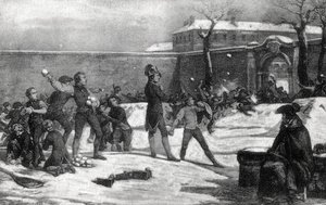 Infancia de Napoleón I Bonaparte (1769 - 1821) en la escuela militar de Brienne le Chateau (Aube) en 1782: Napoleón en medio de una batalla de bolas de nieve entre niños.
