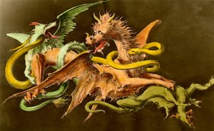 Quimeras Un dragón luchando contra dos monstruos. Grabado del siglo XIX.