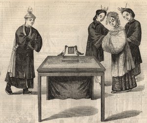 Costumbre china: firma de un contrato de matrimonio. Una tableta con los nombres de los dos esposos se coloca en una mesa con dos palomas. Grabado en “The Illustrated London News” del 14 de febrero de 1857.