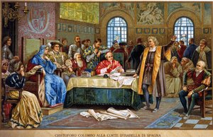 Cristóbal Colón en la corte de Isabel I de España, llamada la Católica o de Castilla. cromolitografía del siglo XIX