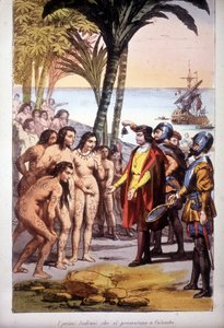 Desembarco de Cristóbal Colón en San Salvador (Bahamas) el 12/10/1492: los primeros indios aparecieron ante Colón. Grabado de 1850 de Unknown artist