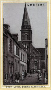 Iglesia parroquial de Port Louis (Port Louis) País de Lorient, Morbihan, Bretaña. Cromolitografía de finales del siglo XIX de Unknown artist