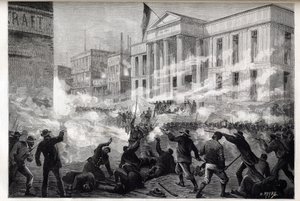 Disturbios en el Palacio de Justicia de Cincinnati de 1884 - un disturbio iniciado después de un veredicto de homicidio involuntario tras un juicio por asesinato notorio, 28 de marzo de 1884 de Unknown artist