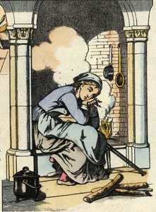 Cenicienta sueña con una vida mejor cerca de la chimenea de la cocina. Ilustración del cuento de Charles Perrault "Cenicienta o La pequeña zapatilla de cristal" de Unknown artist