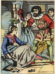 Cenicienta prueba el zapato de cristal encontrado por el príncipe. Ilustración del cuento de Charles Perrault “Cenicienta o La pequeña zapatilla de cristal”