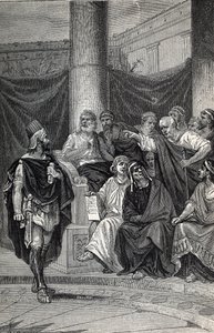 Cineas importante consejero del Rey Pirro tratando de negociar con los romanos después de la Batalla de Heraclea 280 a.C., Grabado 1884 de Unknown artist