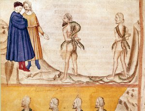 Círculo de ladrones: Vanni Fucci (siglo XIII) predice a Dante y Virgilio la derrota de los Guelfos Blancos. Página iluminada que ilustra el canto 24 del Infierno de la 