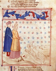 Círculo de los Traidores: Dante y Virgilio se encuentran con Ugolino della Gherardesca, tirano de Pisa y condenado por traición a la patria, golpea la cabeza del Arzobispo Ruggeri. Página iluminada que ilustra el canto 33 del Infierno de la 