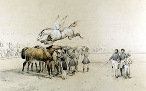 Espectáculo de circo: un caballo alado salta sobre tres caballos con los ojos vendados.