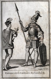 Traje civil y militar de los lombardos (Lombardía) en la Edad Media. Grabado en “Beaute de l