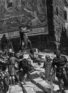 Cola di Rienzo (1314-1354), en la campaña para convertirse en tribuno del pueblo romano, explica al pueblo de Roma los frescos que había instalado en el Capitolio simbolizando la agonía de Roma en un mar desencadenado rodeado por Troya, Jerusalén, Cartago 